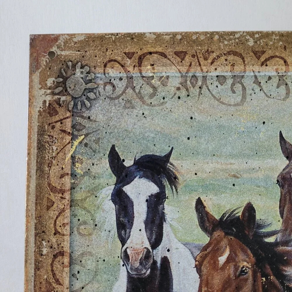 Running Horses Rustic Metal Tin Sign Welcome Friends Western Decor 16